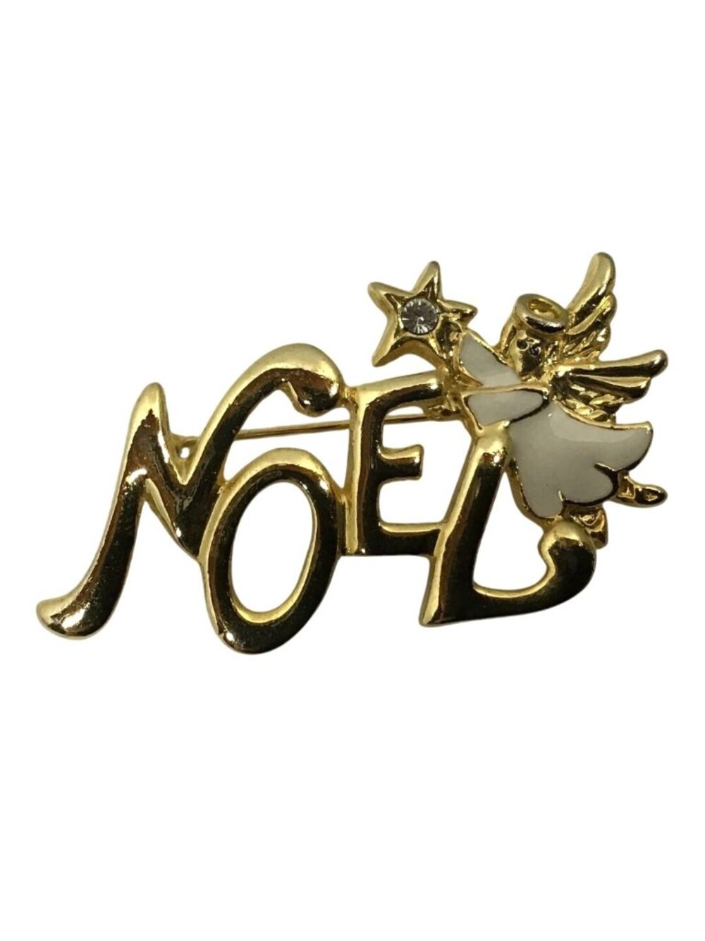 Steinmetz Metal Vintage Noel Gold Tone Enamel Angel with Star Brooch Pin